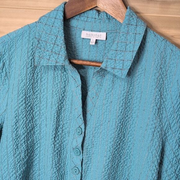 Habitat Top Womens Small Blue Button Front Art Crinkle Blouse - Picture 2 of 9